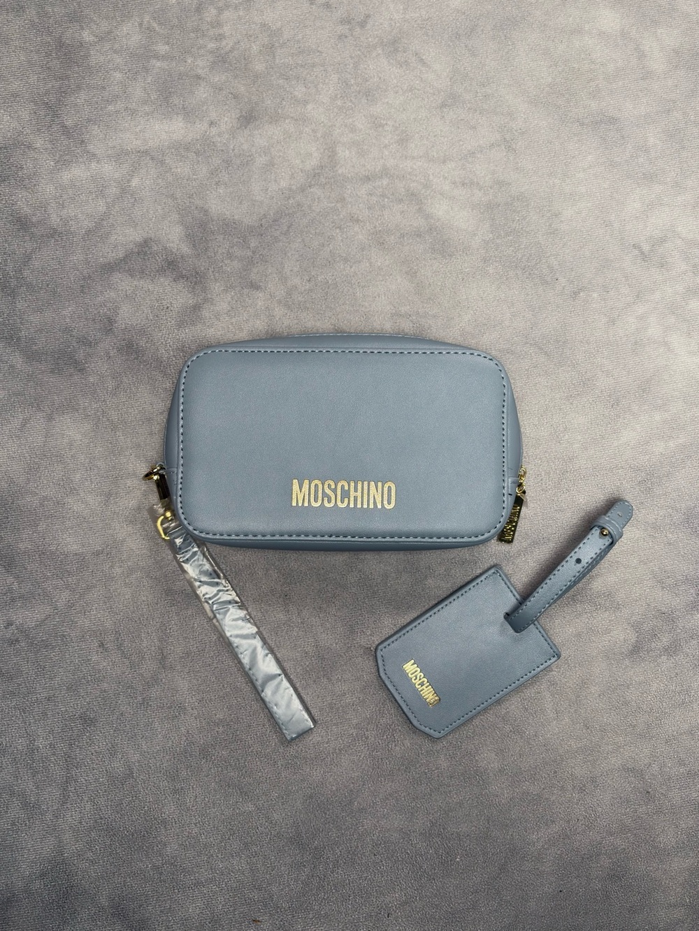 MOSCHINO VIP Blue Faux Leather Travel MakeUp Jewelry Luxury Y2K Zip Case Pouch